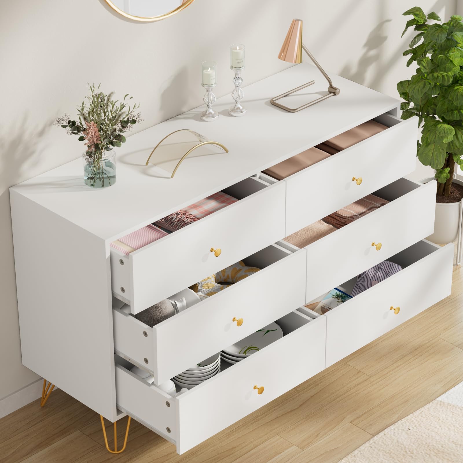 White Dresser for Bedroom, 6 Drawer Dresser with Wide Drawers and Gold Metal Handles