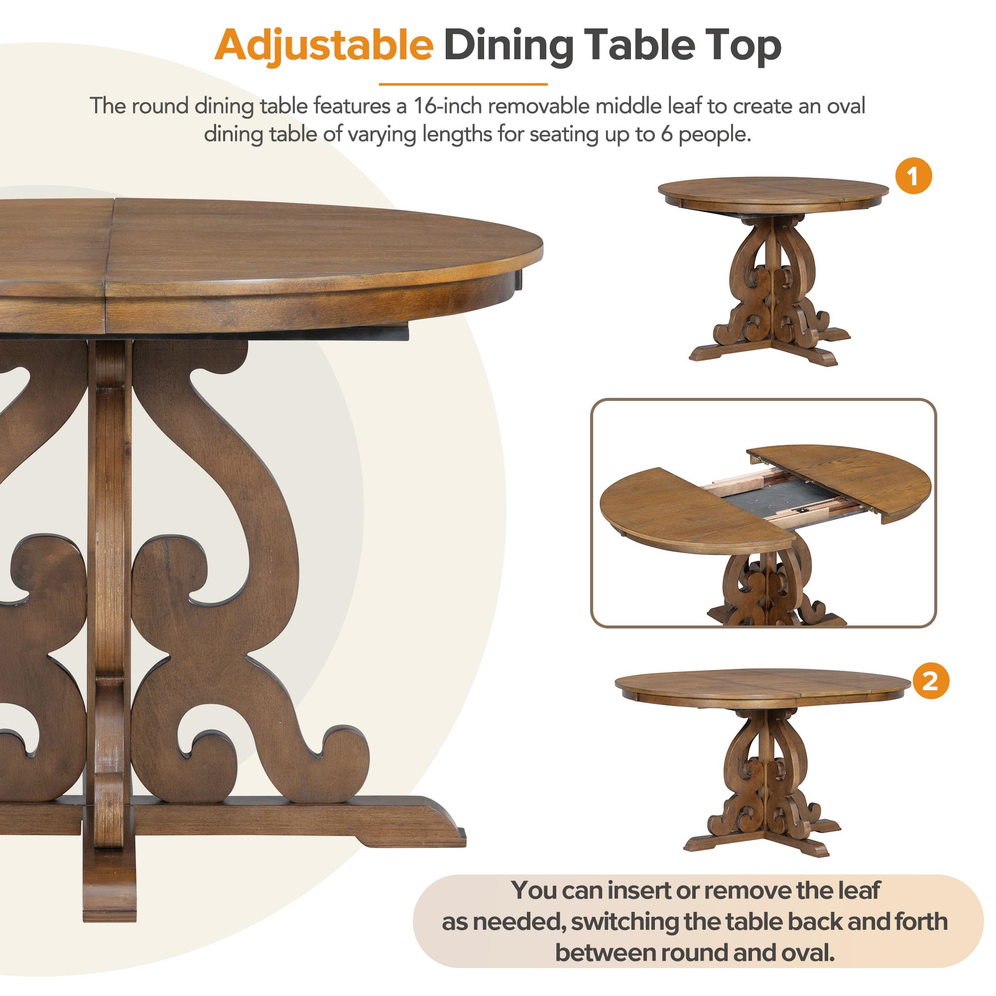 Round Solid Wood Dining Table Set for 4 - 5-Piece Farmhouse Kitchen Set