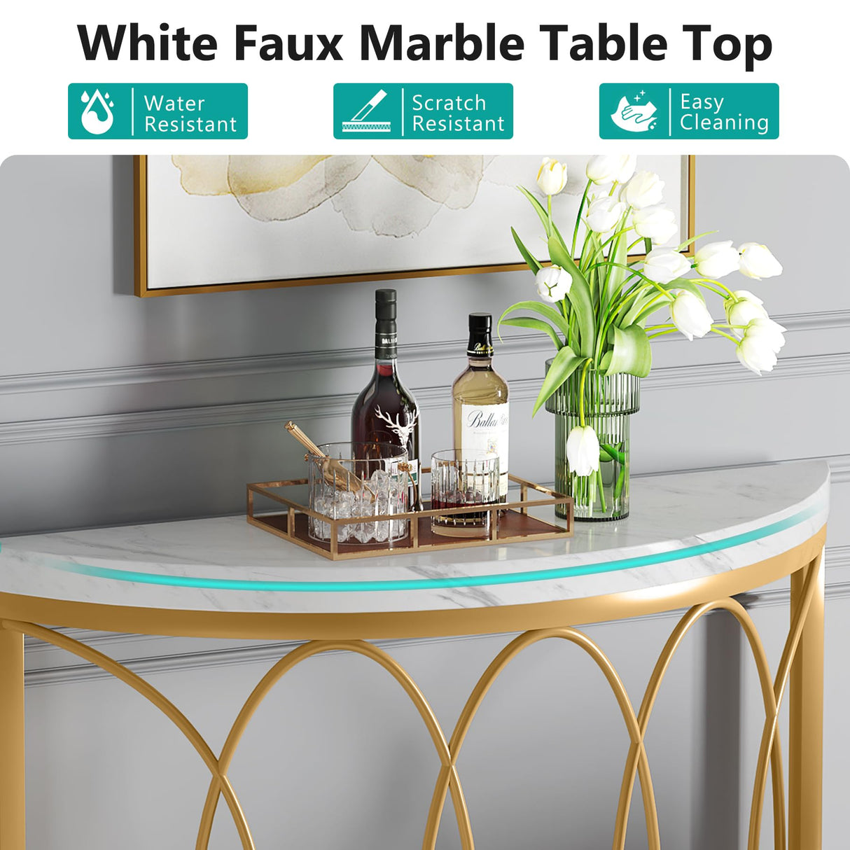 Half Moon Gold Console Table, 43 Inch Modern Faux Marble Entryway Table,