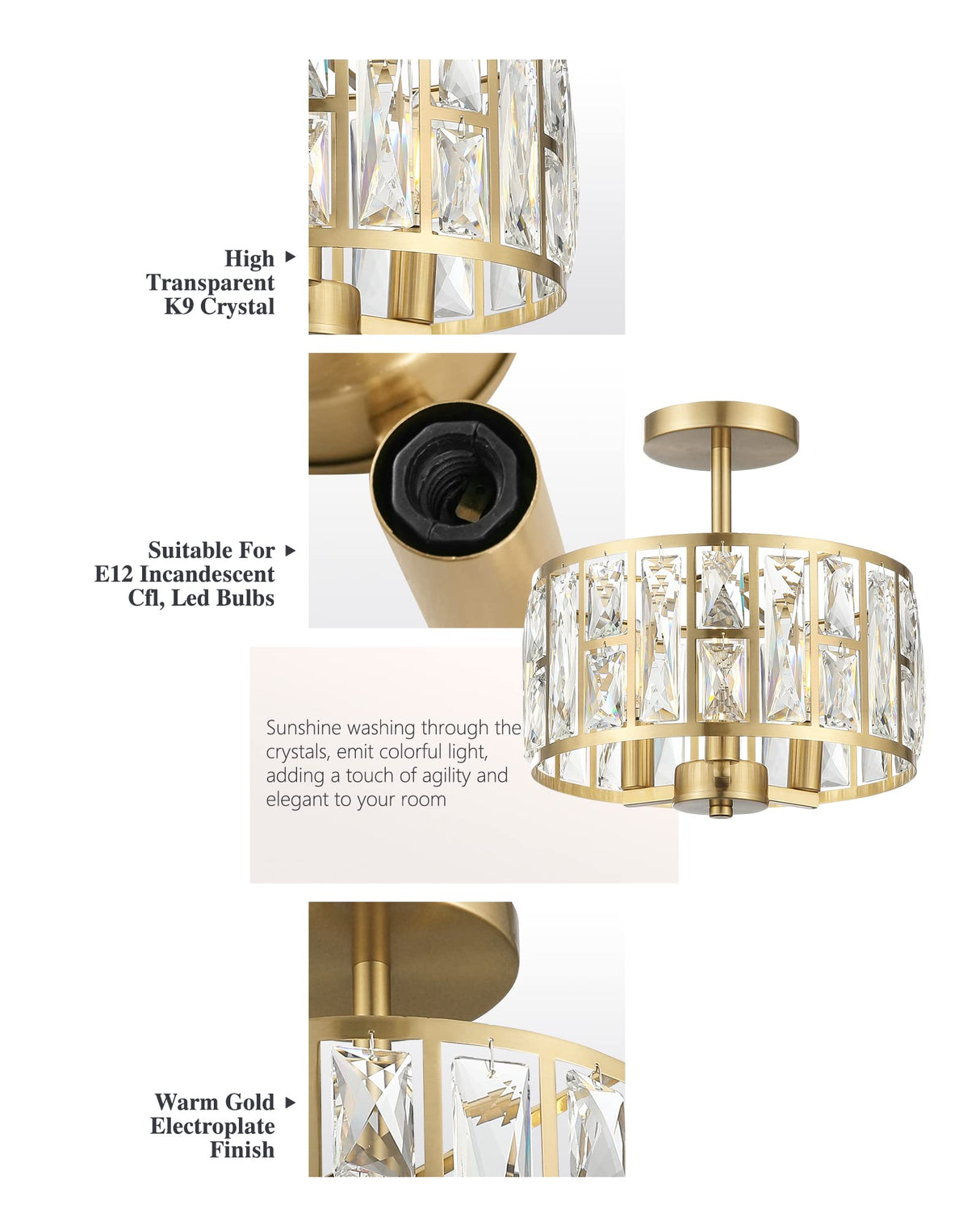 Mount Ceiling Light, 12 Inch Crystal Gold Light Fixture, 3-Light Modern Chandelier