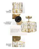 Mount Ceiling Light, 12 Inch Crystal Gold Light Fixture, 3-Light Modern Chandelier