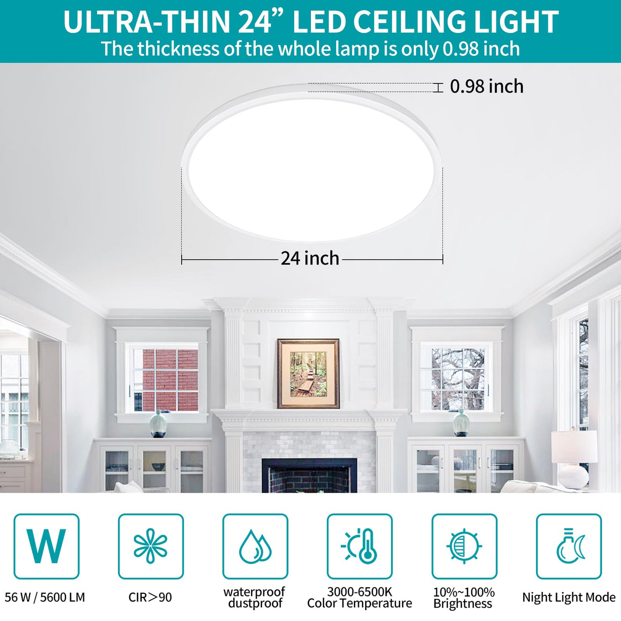 24 Inch Round Led Ceiling Light Fixture, Ultra Thin Flush Mount, Dimmable with Remote