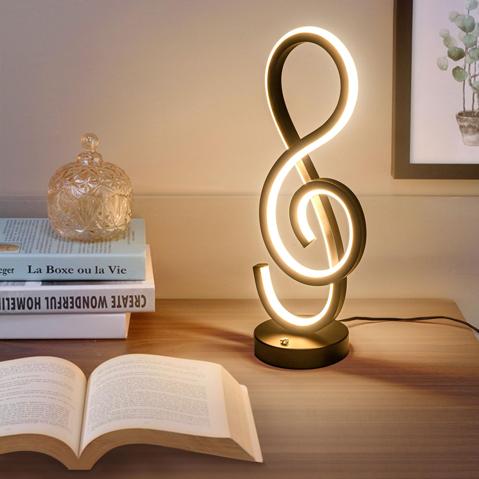 RGB Modern Table Lamp, LED Spiral Lamp with Music Note Design, Black Bedside Lamp