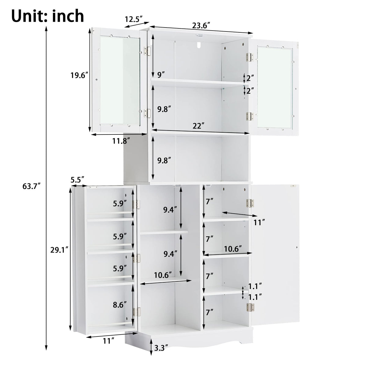 Kitchen Pantry Cabinet, 64" Freestanding Buffet Cupboards Sideboard with Glass Doors