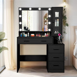 with Mirror and Lights - Black Vanity Table with Power Strip, 4 Drawers and Display Cabinet, 3 Lighting Modes, 39.5'' Bedroom Makeup Desk with Nightstand and Tabletop Shelf