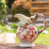 Large Water Pitcher Flower Vase, 3D Hand-Painted Magnolia and Bird Home Decor