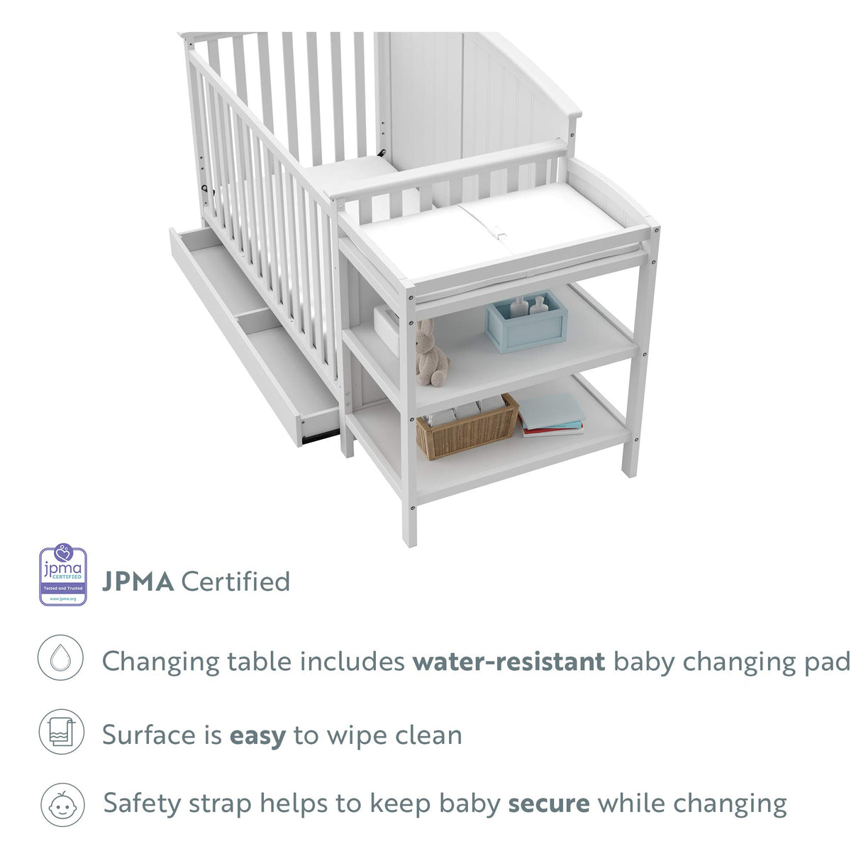 5-in-1 Convertible Crib and Changer with Drawer (White) – GREENGUARD Gold Certified, Crib and Changing Table Combo with Drawer, Converts to Toddler Bed, Daybed and Full-Size Bed