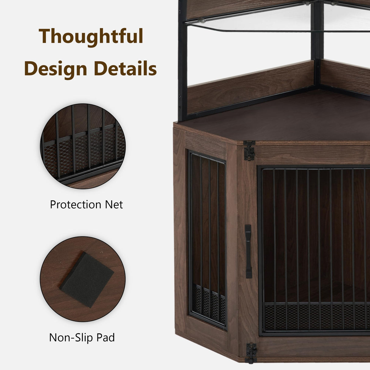 Small Corner Dog Crate Furniture with Glass Shelves