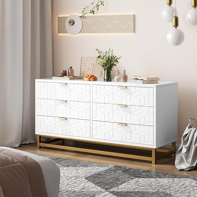 White 6 Drawer Dresser for Bedroom, Chest of Drawers with Metal Base, Modern Dresser