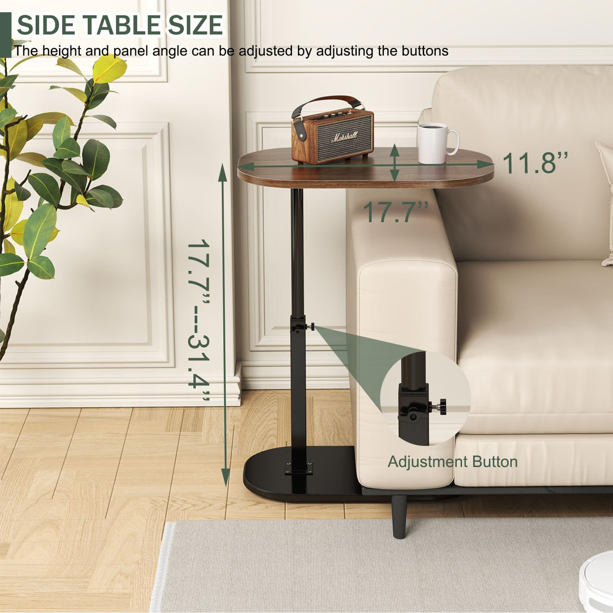 C Table End Table,Skinny Side Table Adjustable Height,360°Swivel TV Tray Table