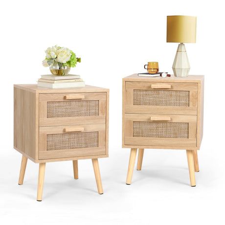 2PCS Rattan Nightstand, End Table with 2 Drawers and Solid Wood Legs, Side Table