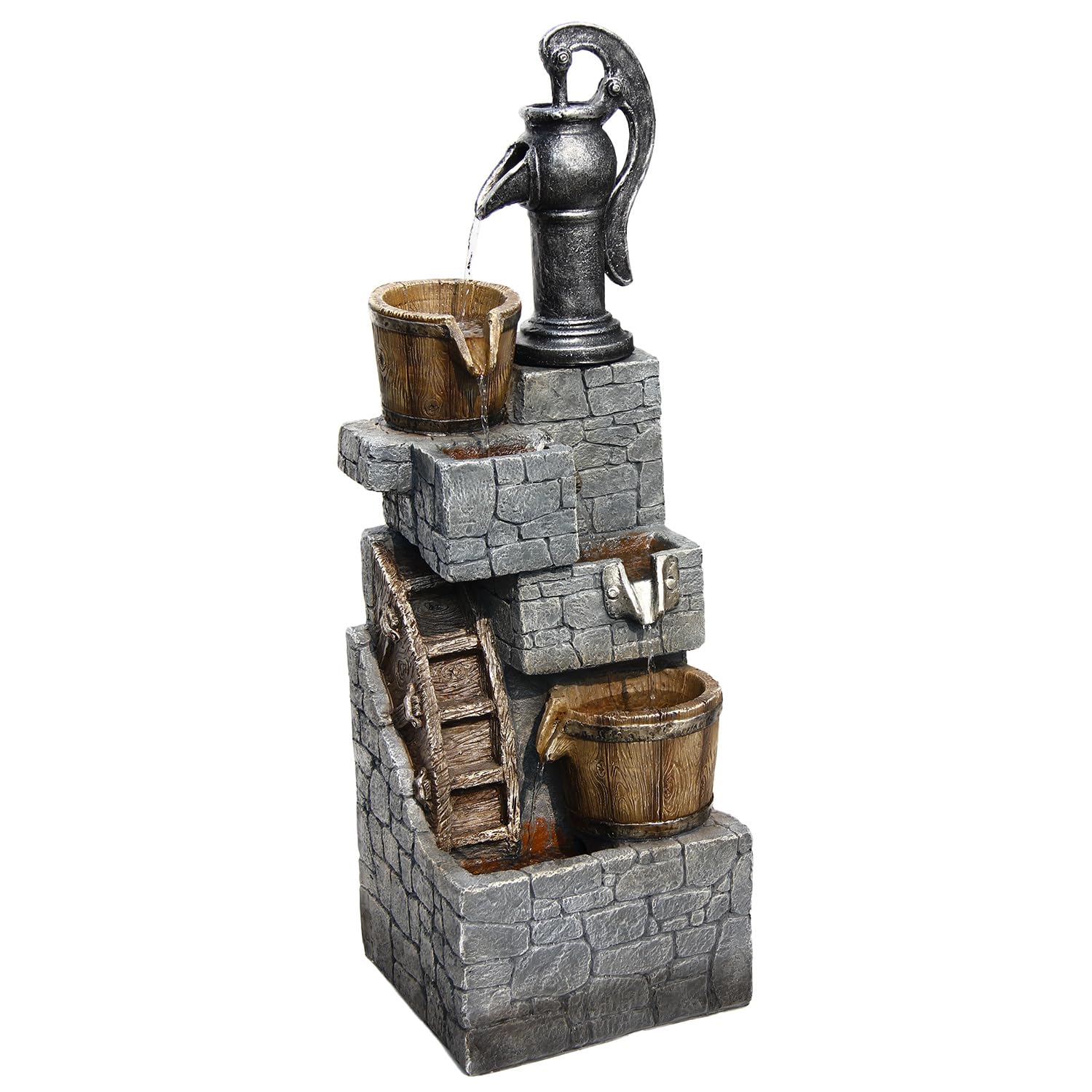 Outdoor Rustic 6-Tiered Barrel and Pump Water Fountain Outdoor Waterfall Fountain 39.96"