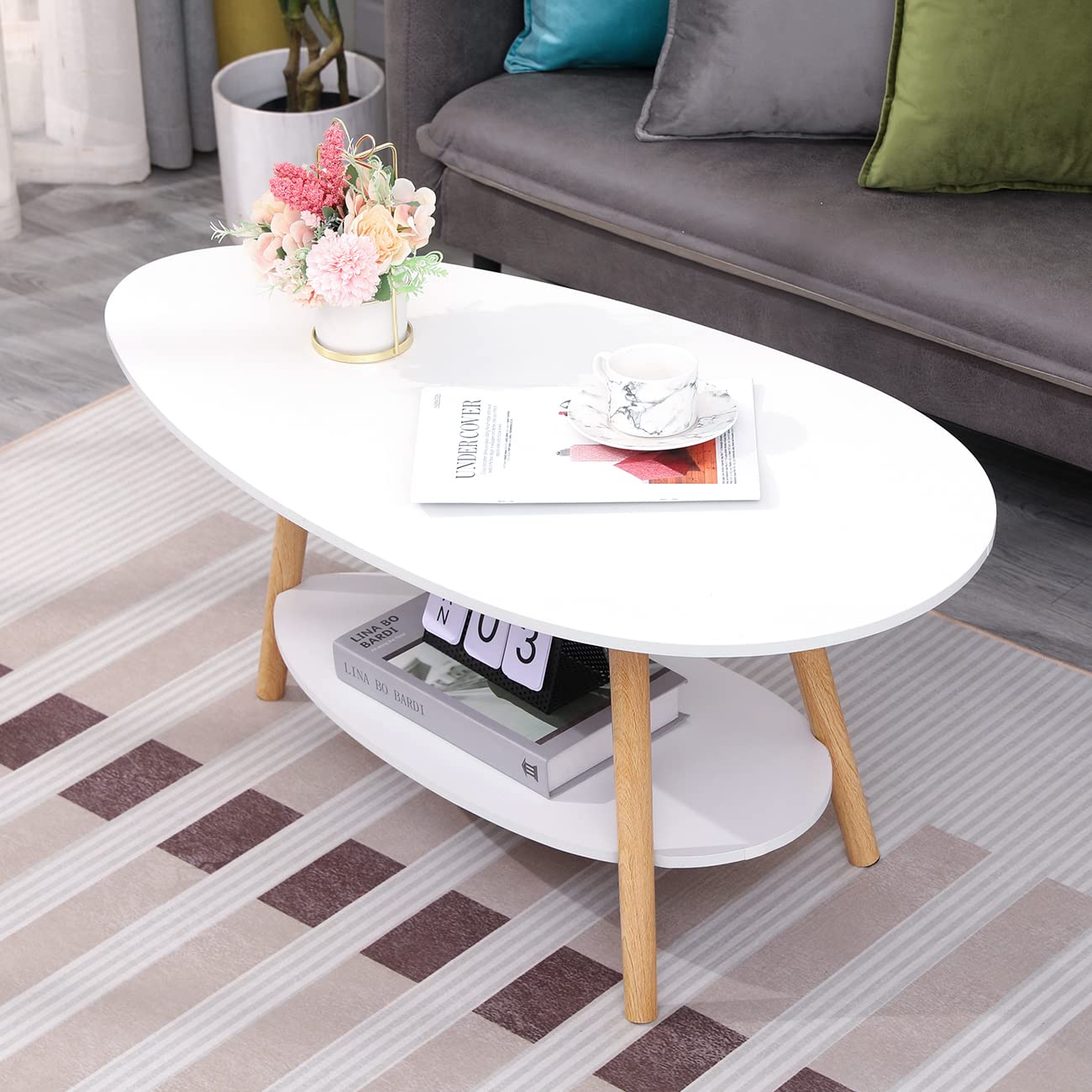 Oval Wood Coffee Table Modern Style Double Layer with Open Storage