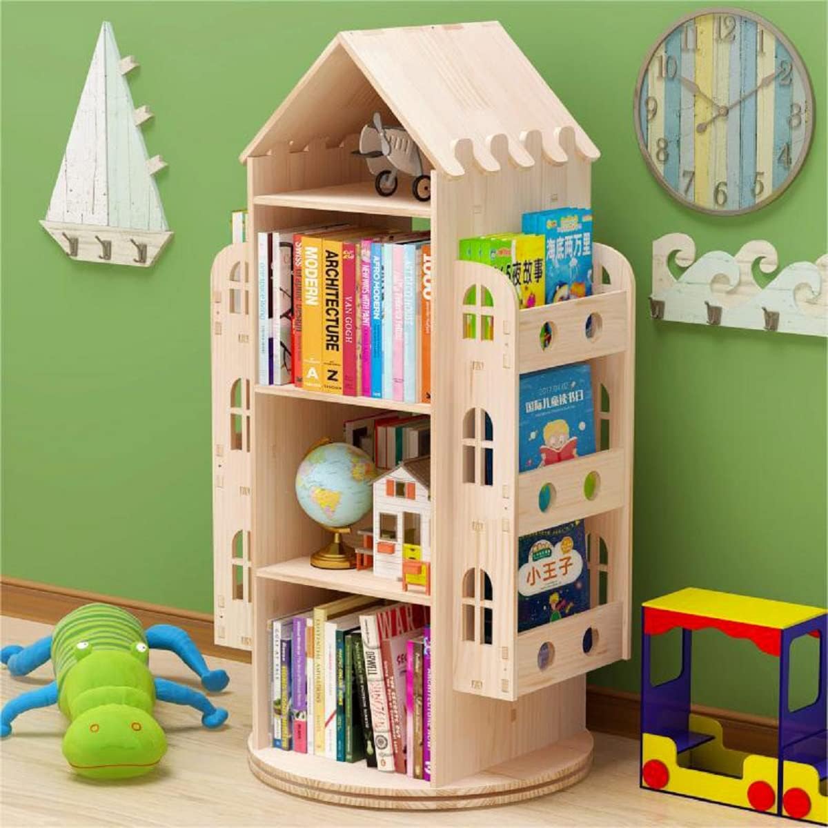 Large Rotating Bookshelf 360 Degree, Wood Castle Bookshelf Bookcase Floor Standing