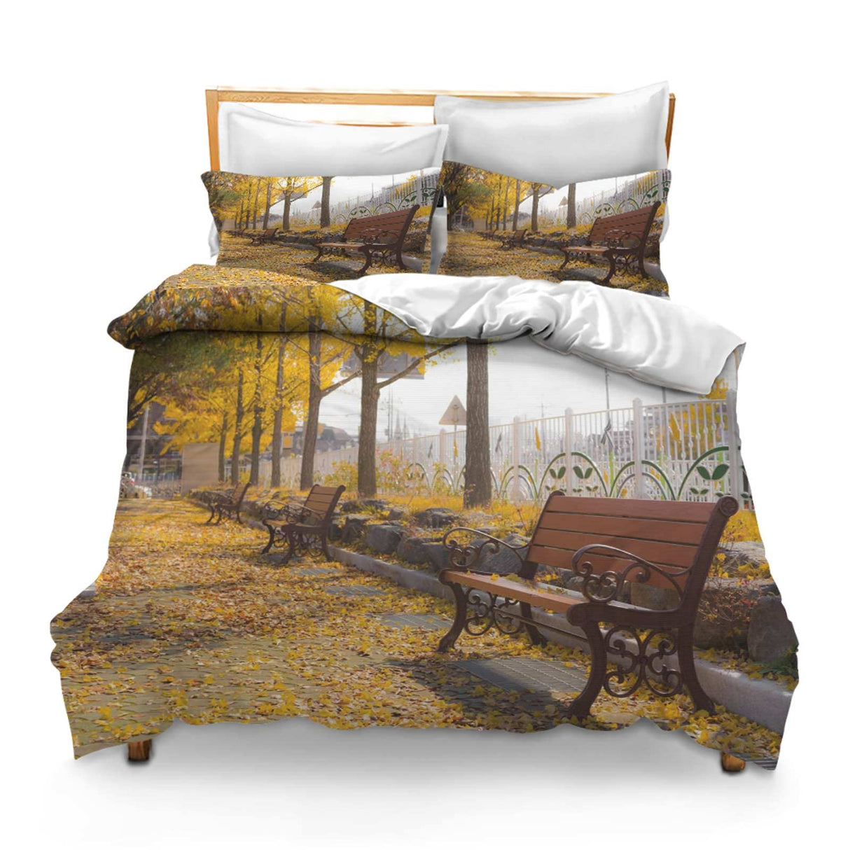 Printed Comforter Cover Set Full Autumn Ginkgo Bench Free Yellow Fall Leaves