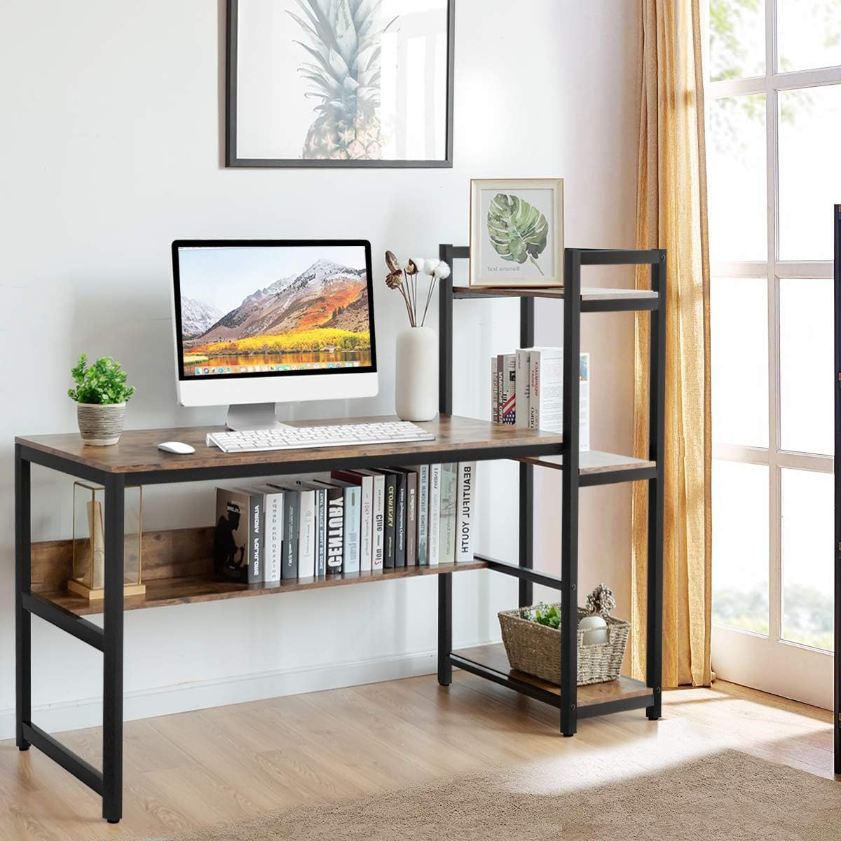 59-Inch Computer Desk with Bookshelf, Home Office Desk with Storage Bookshelf
