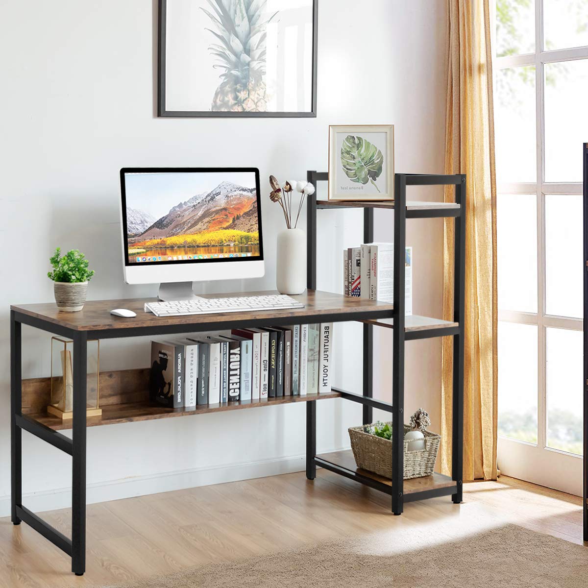59-Inch Computer Desk with Bookshelf, Home Office Desk with Storage Bookshelf