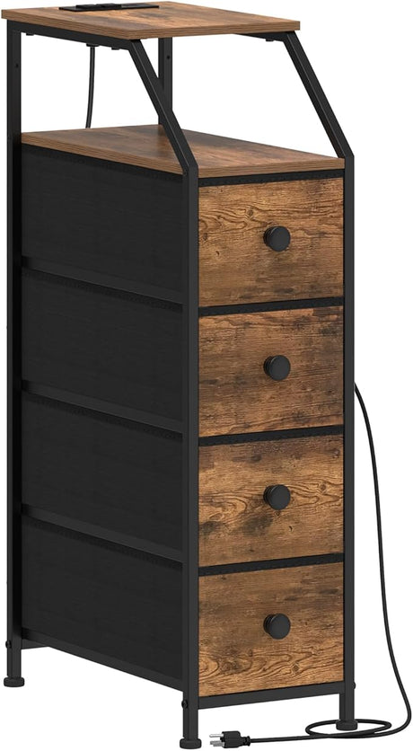 Dresser Tall Skinny Storage Tower Vertical Slim Chest of Drawers with Charging Station Small Nightstand Side Table for Bedroom, Bathroom, Small Spaces (Rustic Brown, 4 Drawers)