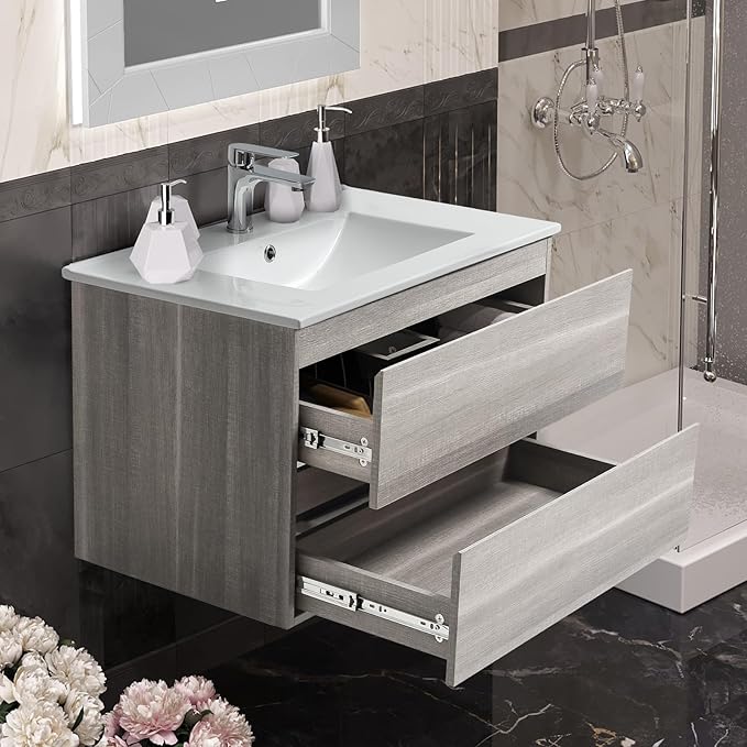 36" White Bathroom Vanity Wall Mounted Floating Vanity Two Drawers Storage Cabinet