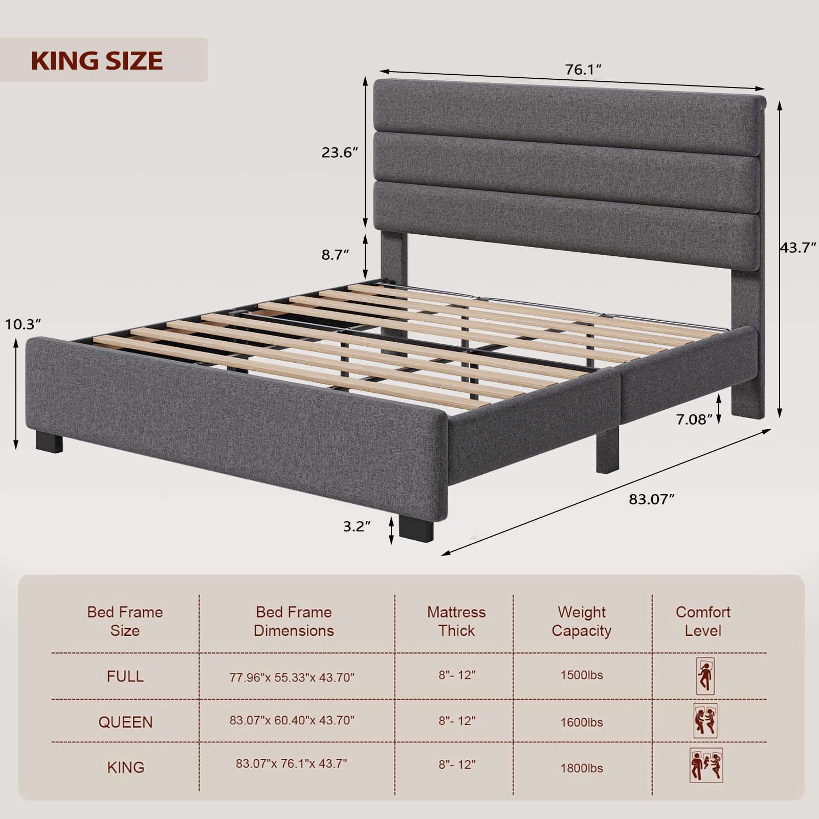 King Size Upholstered Platform Bed Frame with LED Lights