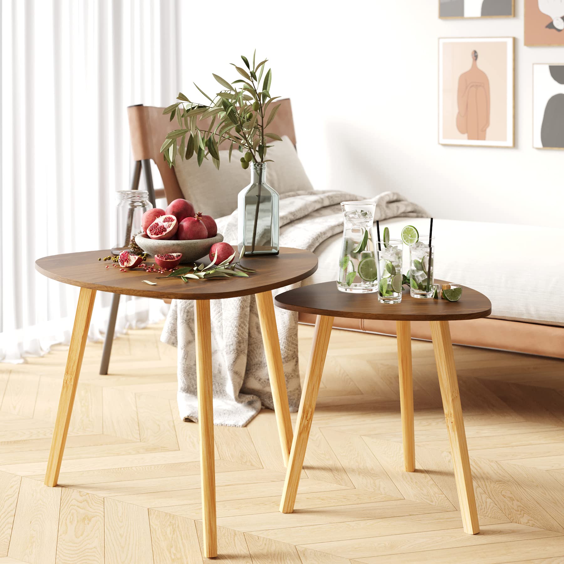 Bamboo Nesting Triangle End Table,Set of 2 Coffee Table Modern Minimalist Side