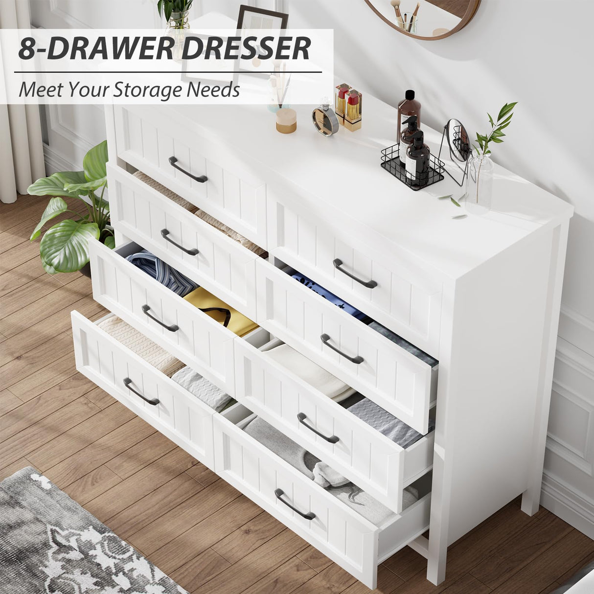 8 Drawer Dresser for Bedroom, Modern Dresser with Deep Drawers, Large White Dresser Farmhouse Wooden Double Dresser Chest of Drawers for Living Room, Hallway, Entryway (White, 8 Drawer)