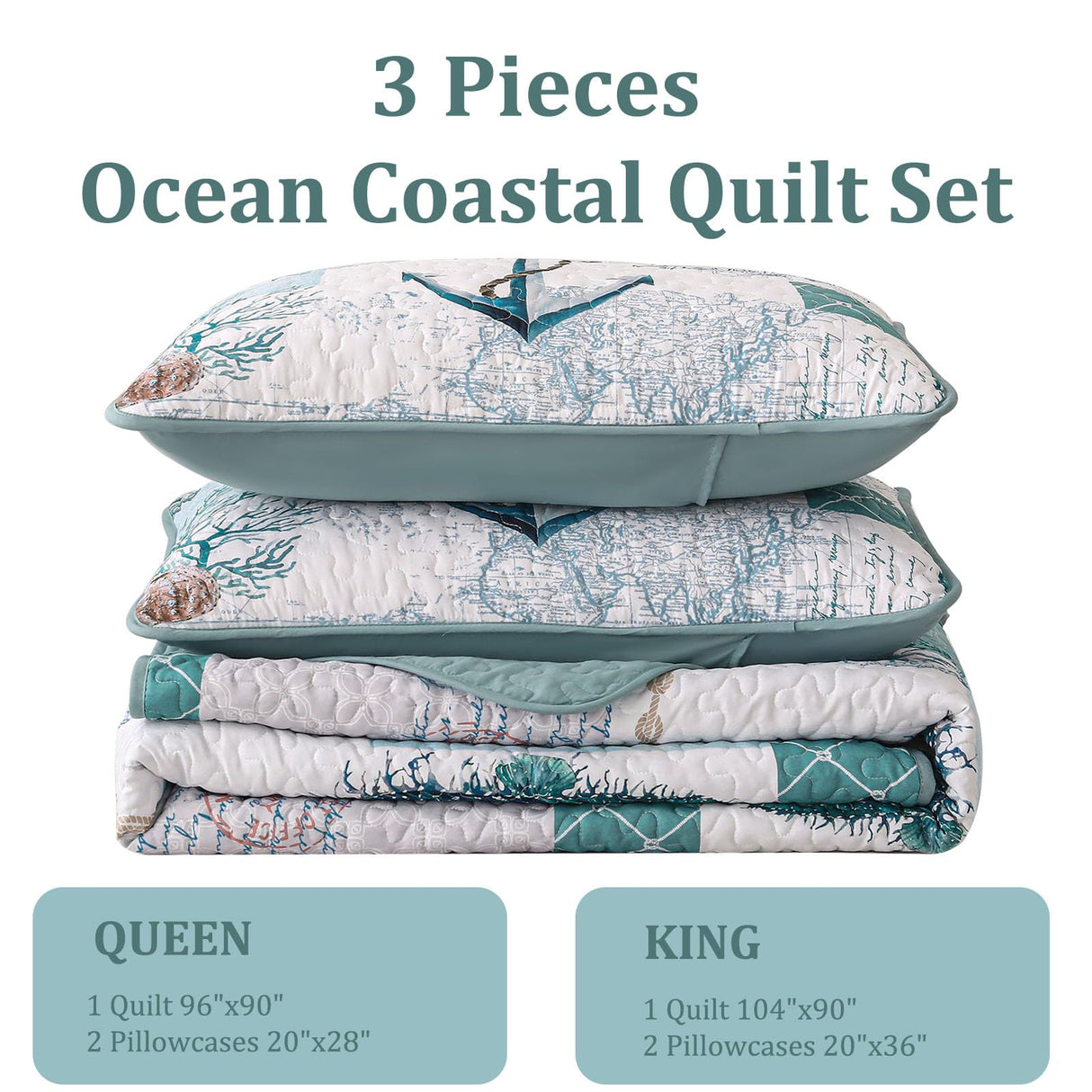 Quilt Set King Size Ocean Bedspread Coverlet Set 3 Piece-Soft Lightweight