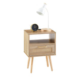 Rattan End Table with Drawer and Wood Legs, Modern nightstand, Side Table Brown