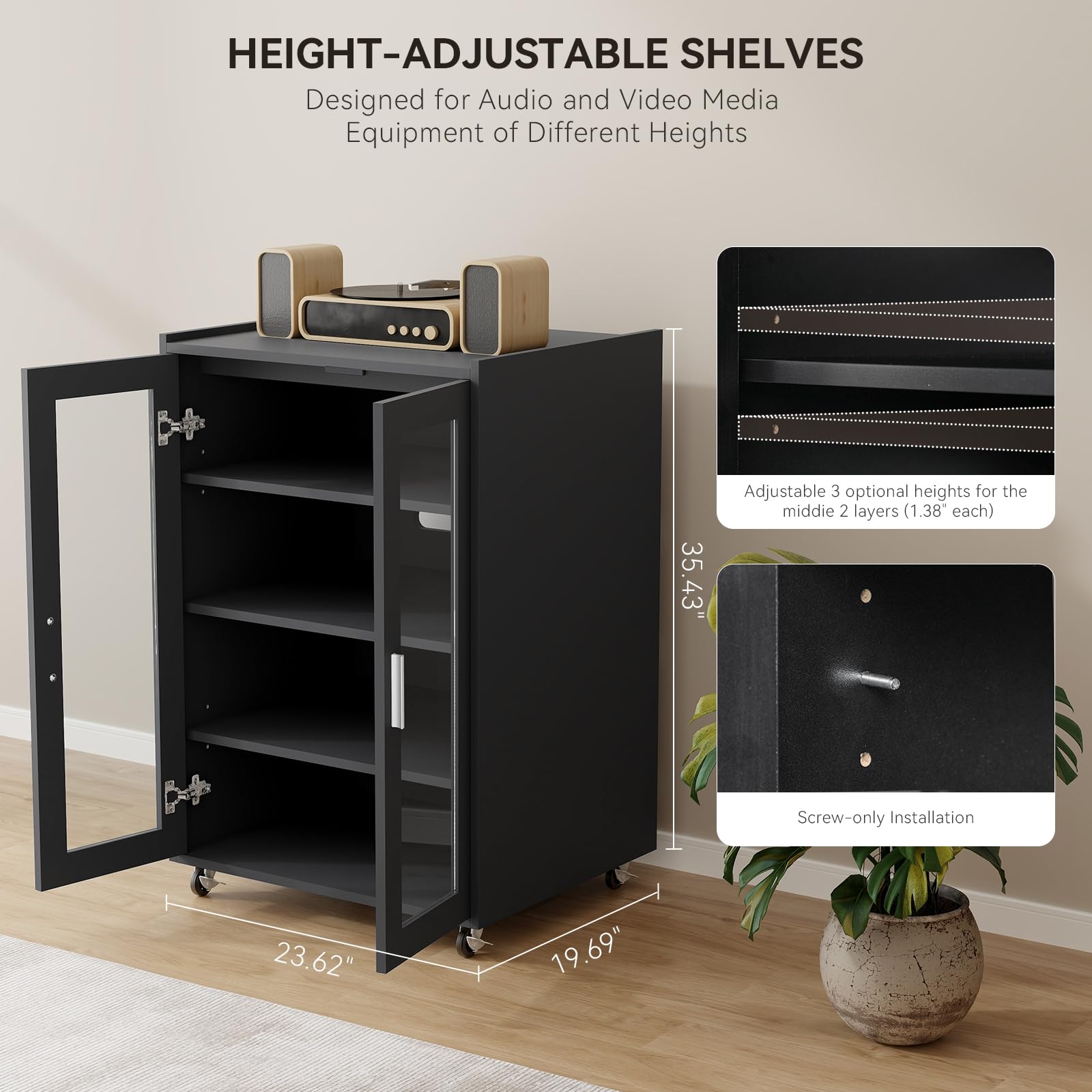 ELECWISH Stereo Cabinet, Media Storage Cabinet, Audio-Video Media Stand with 4 Height-Adjustable Shelves, AV Cabinet Audio Rack with Glass Doors for Meeting, Living, Recording Room