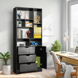 Stylish Black Bookshelf, 71" Tall Bookshelf with Doors and 3 Drawers, Wood Bookshelf