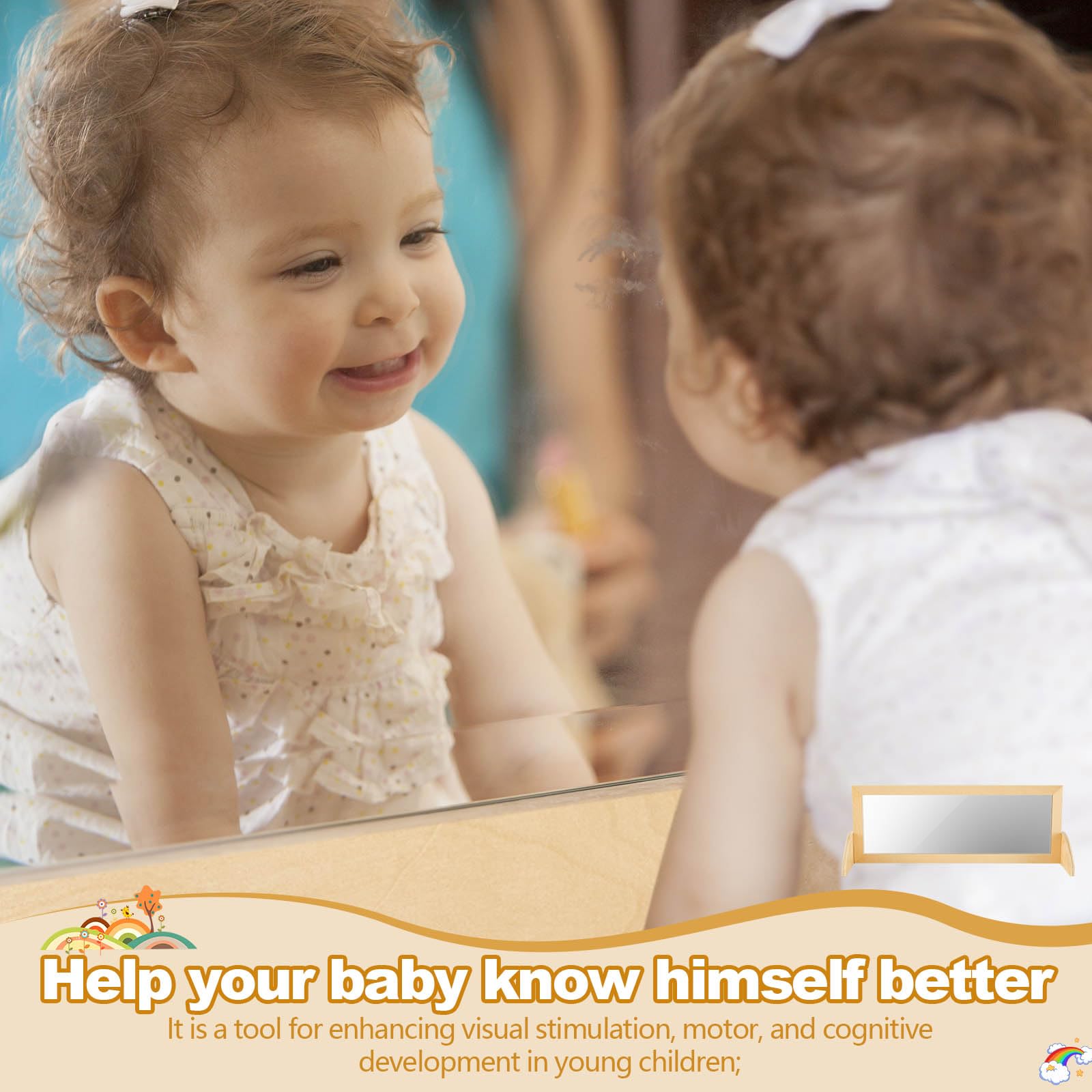 Toddler Single Sided Bi Directional Mirror 34.7 x 15.6 x 14.6 Inch Wooden Coordination Mirror