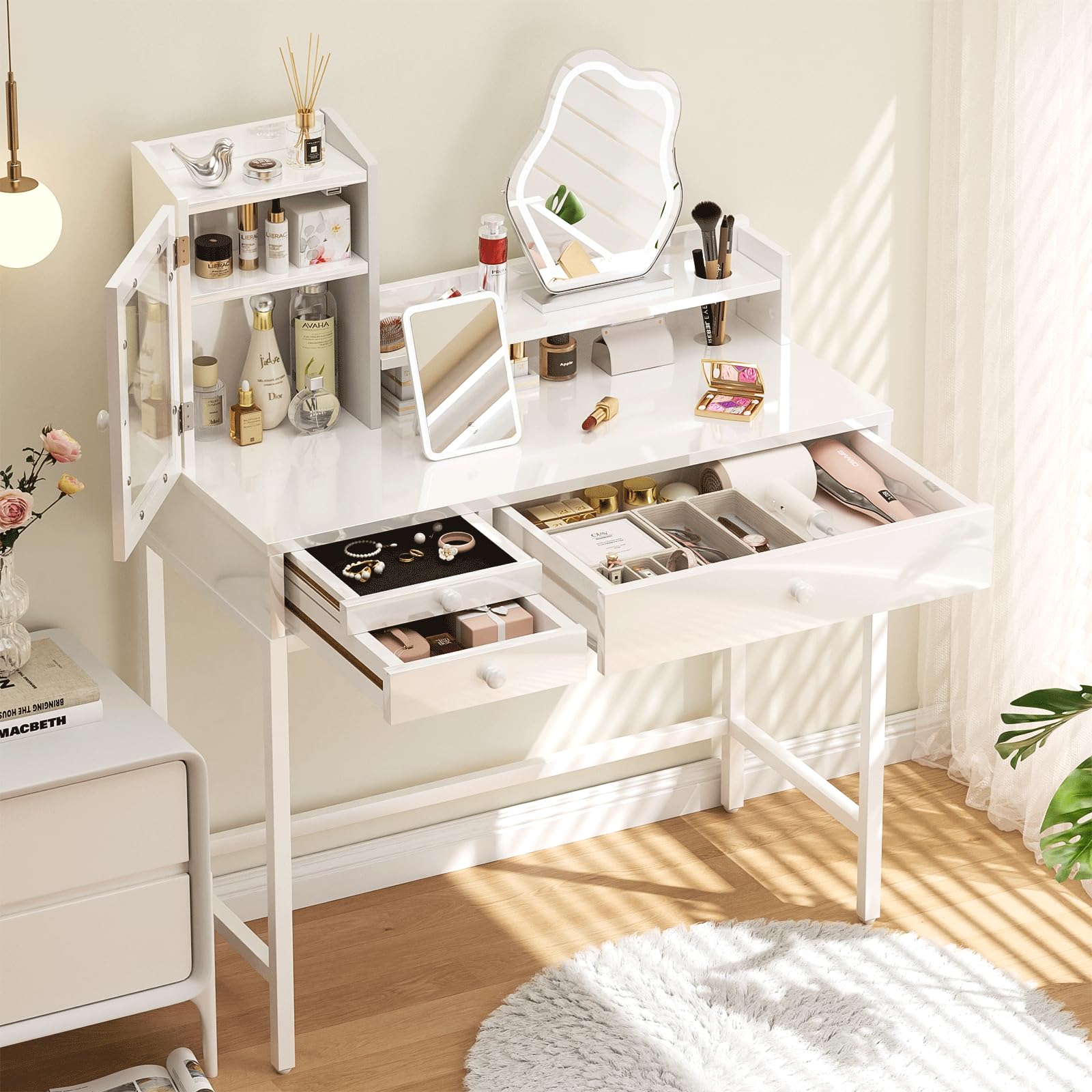 VEELOK Vanity Desk White with Small 3 Color Lighted Mirror 35.4 inch Small Vanity with Velvet Jewerly Storage Drawers, Dust-Proof Cabinet, Dressing Table Makeup Table for Bedroom