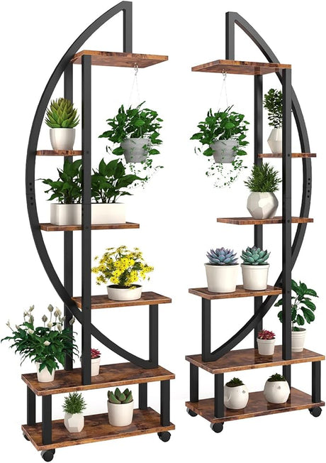 2 Pcs 6 Tier Tall Metal Indoor Plant Stand with Detachable Wheels, Plant Shelf Holder
