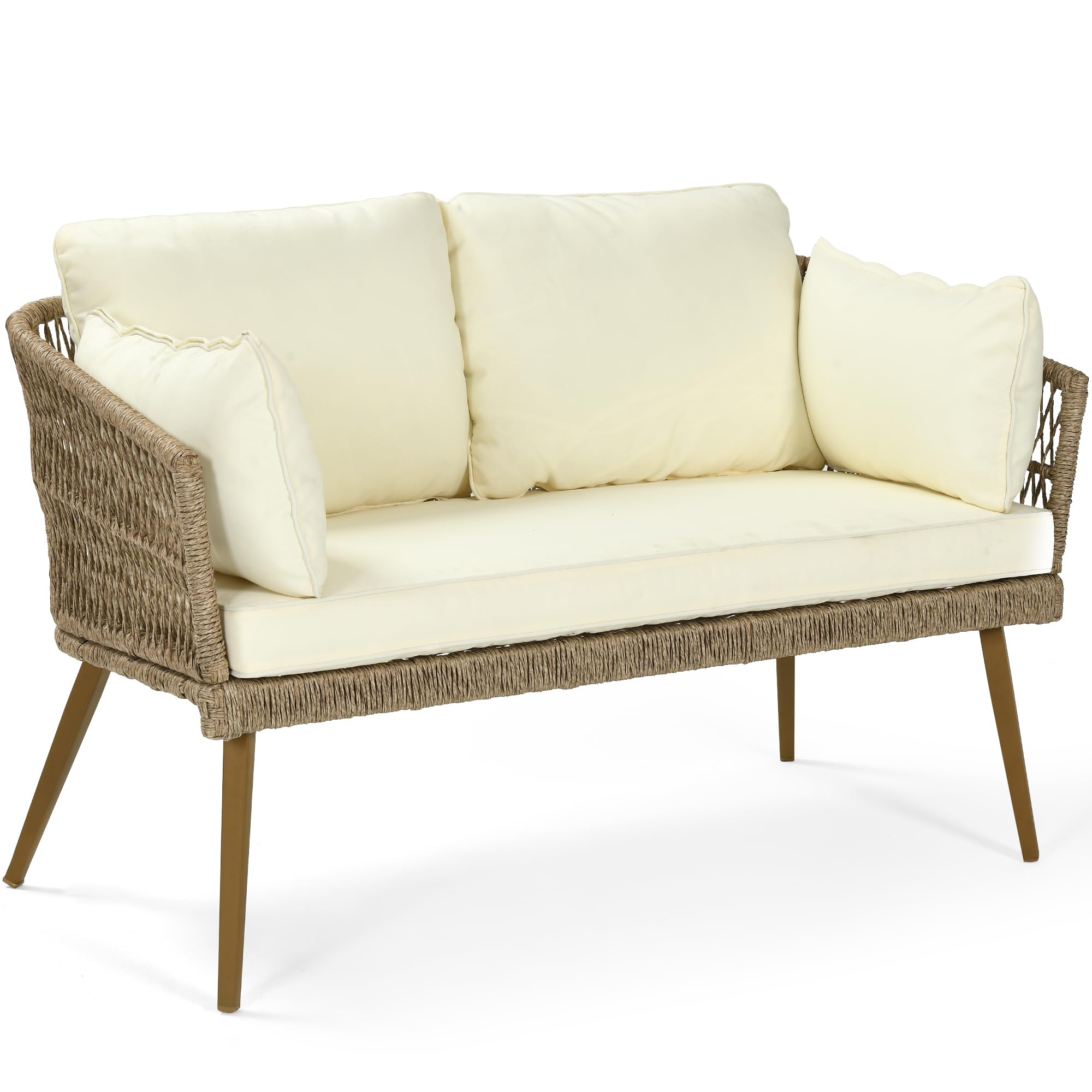 Patio Wicker Loveseat, All-Weather Rattan 2 Seater Sofa with Cushions & Lumbar Pillows