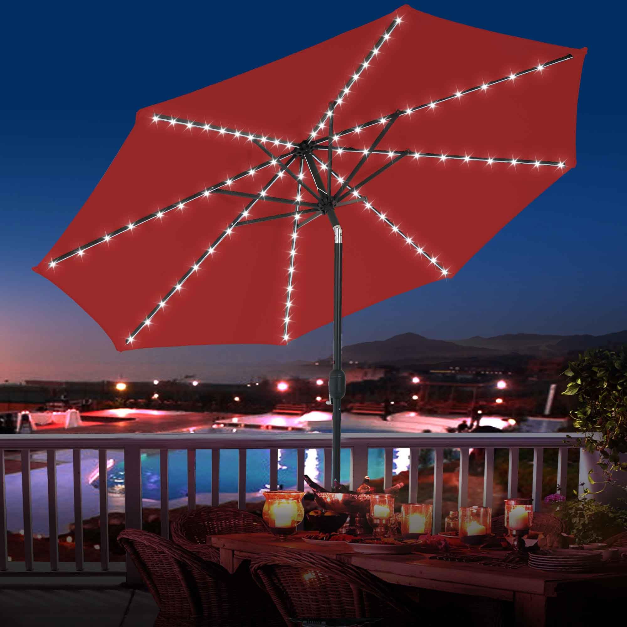 Olefin 5-Year-Non-Fading Solar 80 LED 9 FT Solar Patio Umbrella with Sand Bag Base