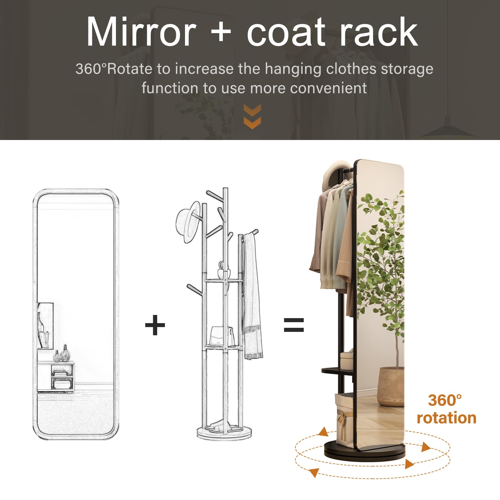 70x19 Full Length Floor Mirror with Stand - Solid Wood Swivel Mirror