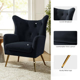 Velvet Accent Chair, Modern Wingback Arm Chair with Metal Gold Legs, Velvet Tufted Upholstered Single Sofa Chair for Living Room Bedroom, Dining Room Accent Club Guest Chair (Black)