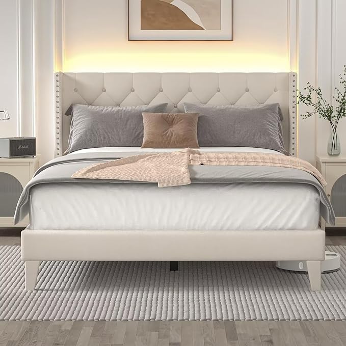 Queen Size Bed Frame with LED Lights, Upholstered Bed Frame with Wingback Diamond