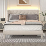 Queen Size Bed Frame with LED Lights, Upholstered Bed Frame with Wingback Diamond