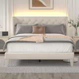 Queen Size Bed Frame with LED Lights, Upholstered Bed Frame with Wingback Diamond