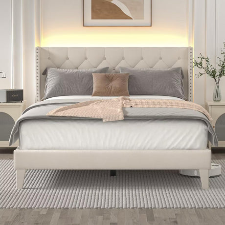 Queen Size Bed Frame with LED Lights, Upholstered Bed Frame with Wingback Diamond