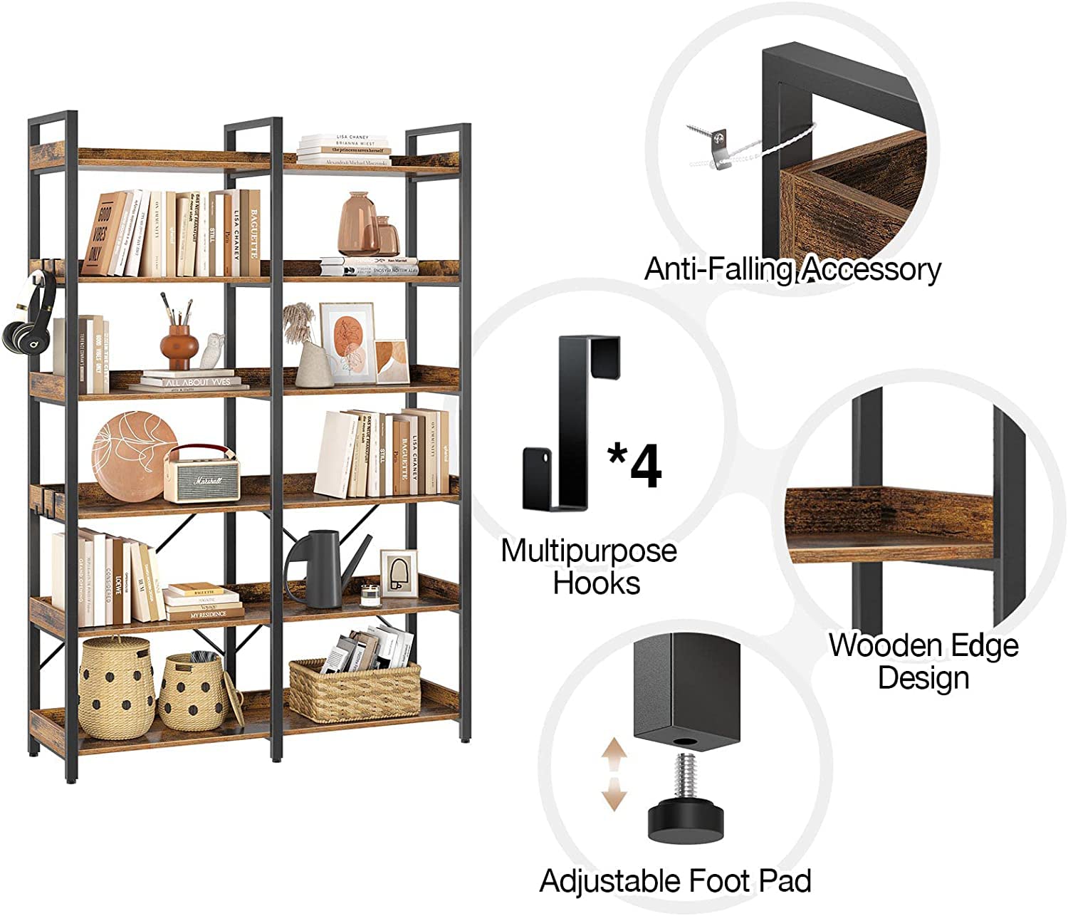 Bookshelf 6 Tier with 4 Hooks, 67” Industrial Wooden Bookcase, Vintage Storage Rack with Open Shelves, Rustic Standing Bookshelves Metal Frame 43.3” Wide Display Rack, Rustic Brown