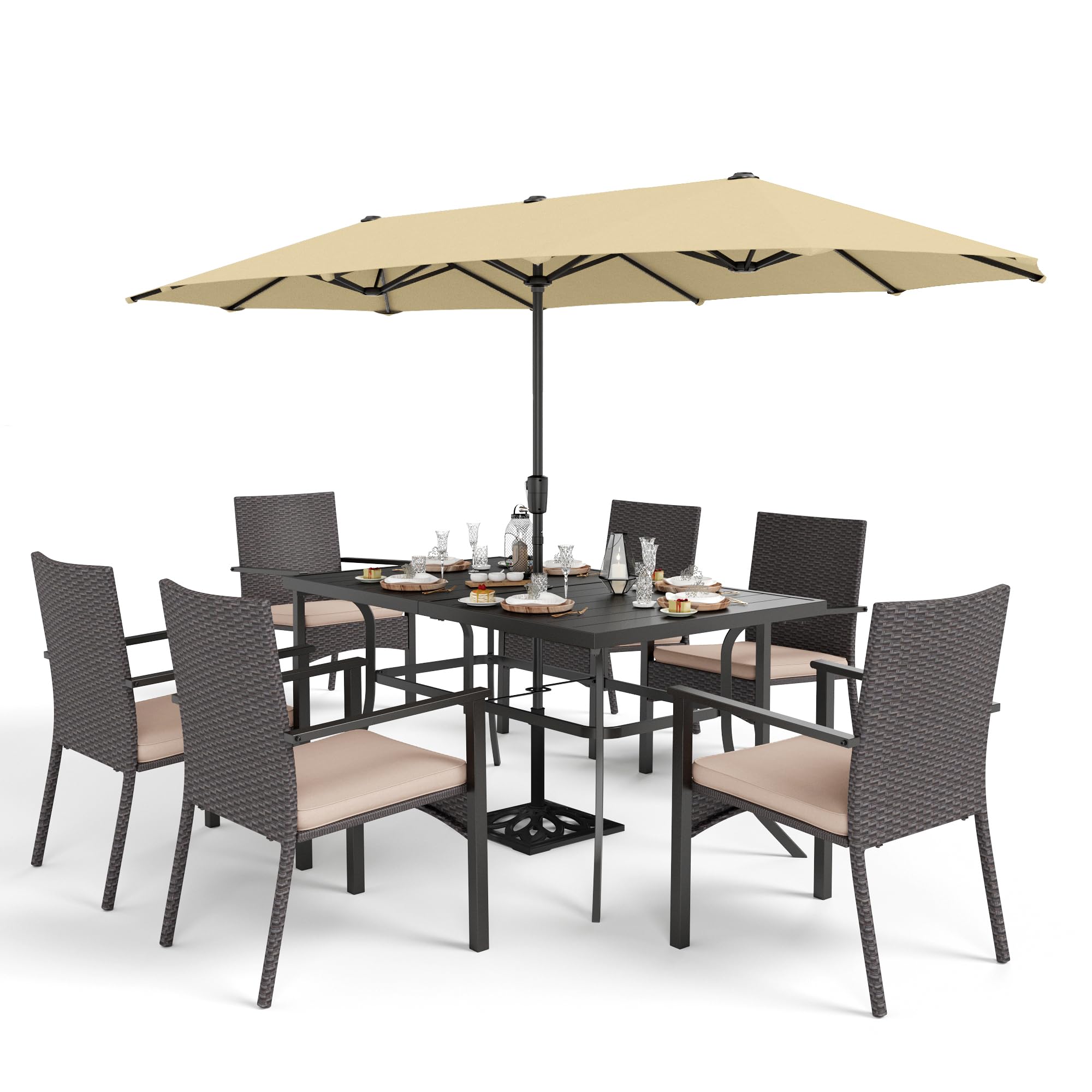 7 Pieces Outdoor Dining Set with 13ft Beige Patio Umbrella