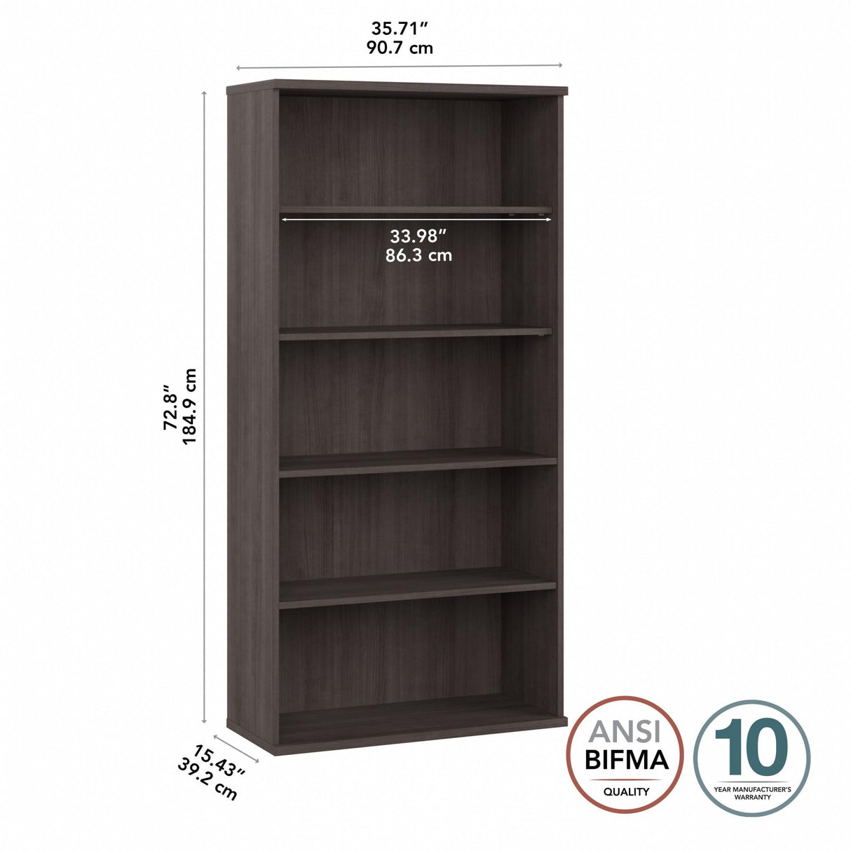 Studio C Tall 5 Shelf Bookcase in Storm Gray, Large Bookshelf for Home or Professional