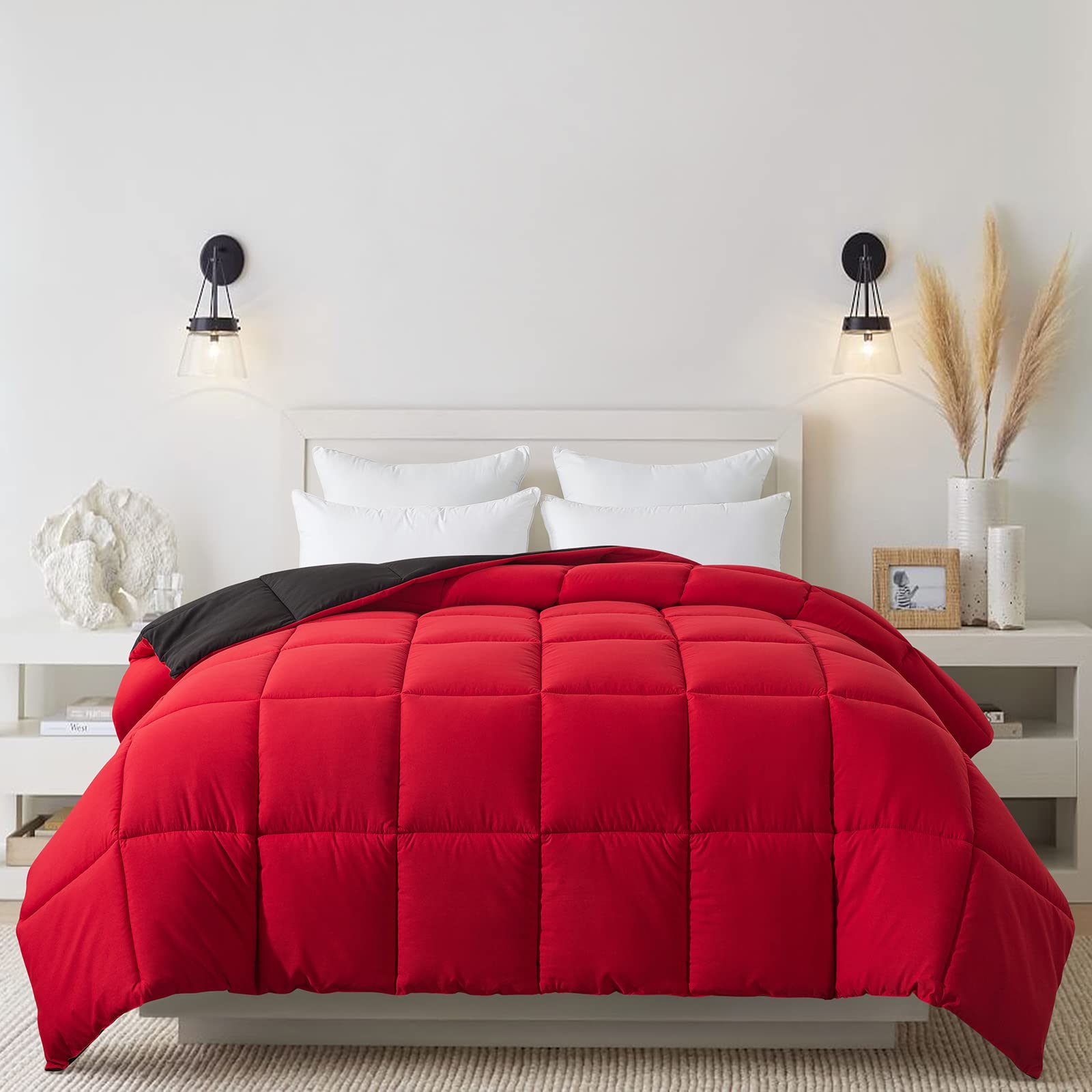 Down Alternative Comforter (Red/Black, Twin) - All Season Soft Quilted Twin Size Bed
