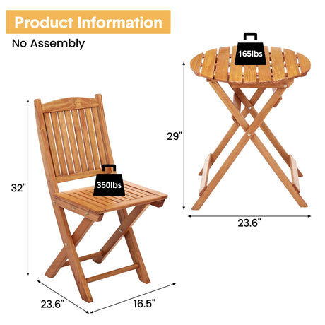 TROPOW Foldable Patio Furniture Set, Outdoor Bistro Table and Chairs for 2, Wooden Poolside, Beach, Backyard, Balcony, Deck