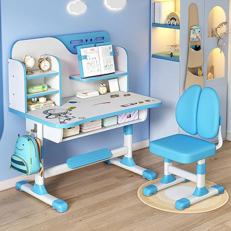 Functional Desk and Chair Set, Study Desk for Children with Chair, Kids Desk and Chair Set,Height Adjustable Children School Study Desk with Storage Drawer for Boys Girls (Blue E)