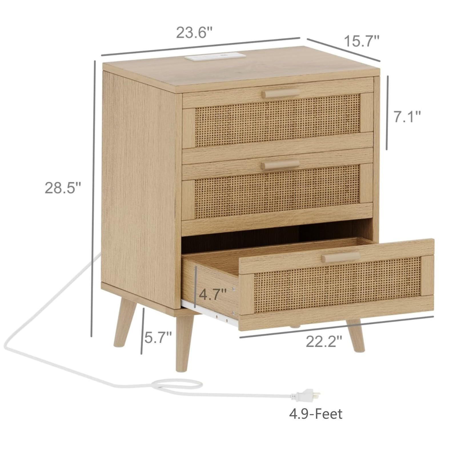 Rattan Nightstand with Charging Station, Night Stand with Rattan Decorated Drawers