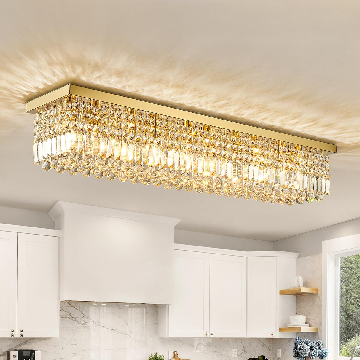 Modern Crystal Chandelier 10-Lights Gold Rectangular Raindrop Chandelier Luxury Large