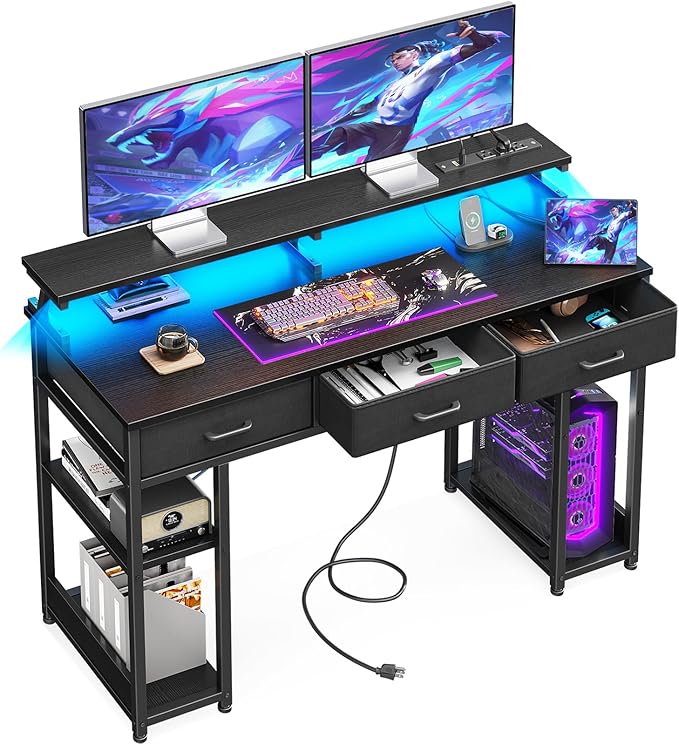 48 inch Computer Desk with 3 Drawers, Gaming Desk with LED Lights & Power Outlets